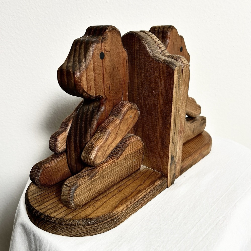 VTG Hand Carved Wooden Novelty Bear Bookends‎ Pair of Two Whimsical Cottagecore